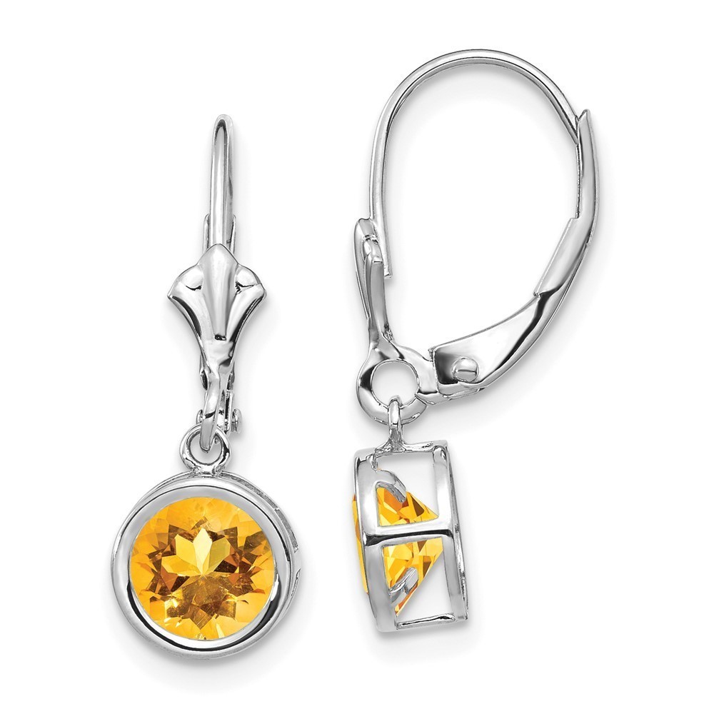14k White Gold 6mm Citrine (November Birthstone) Leverback Earrings 25 mm x 7 mm